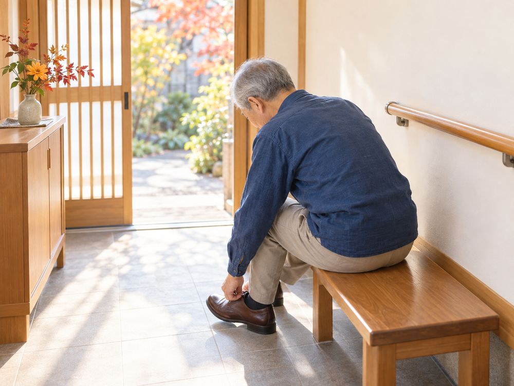 秋の朝、手すりのある明るい玄関で、腰かけて靴をはく男性
