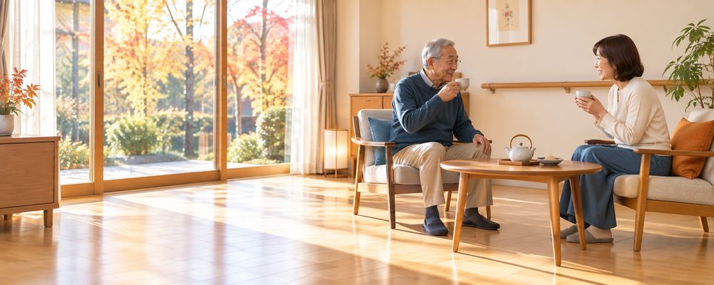 片づいた明るい居間で、家族とお茶を飲む